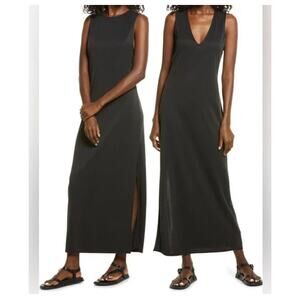 Open Edit Maxi Reversible Tank Dress, Women’s XS Black Modal, Side Slits Capsule
